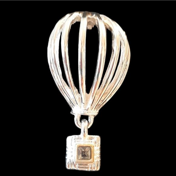 Silver Toned Hot Air Balloon Pin Brooch with Crystal on Basket - Picture 1 of 9